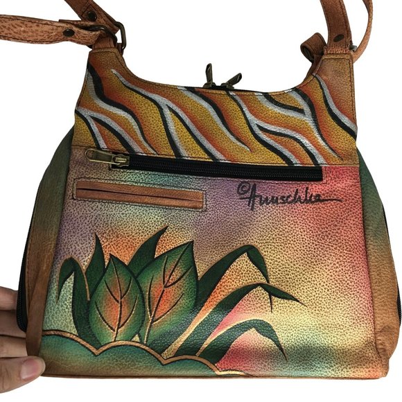 Anuschka NEVER USED Handpaint Leather Shoulder Bag Butterfly Animal - Picture 3 of 12